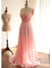 Sexy Open Back Pink Ruching Chiffon Long Prom Dress